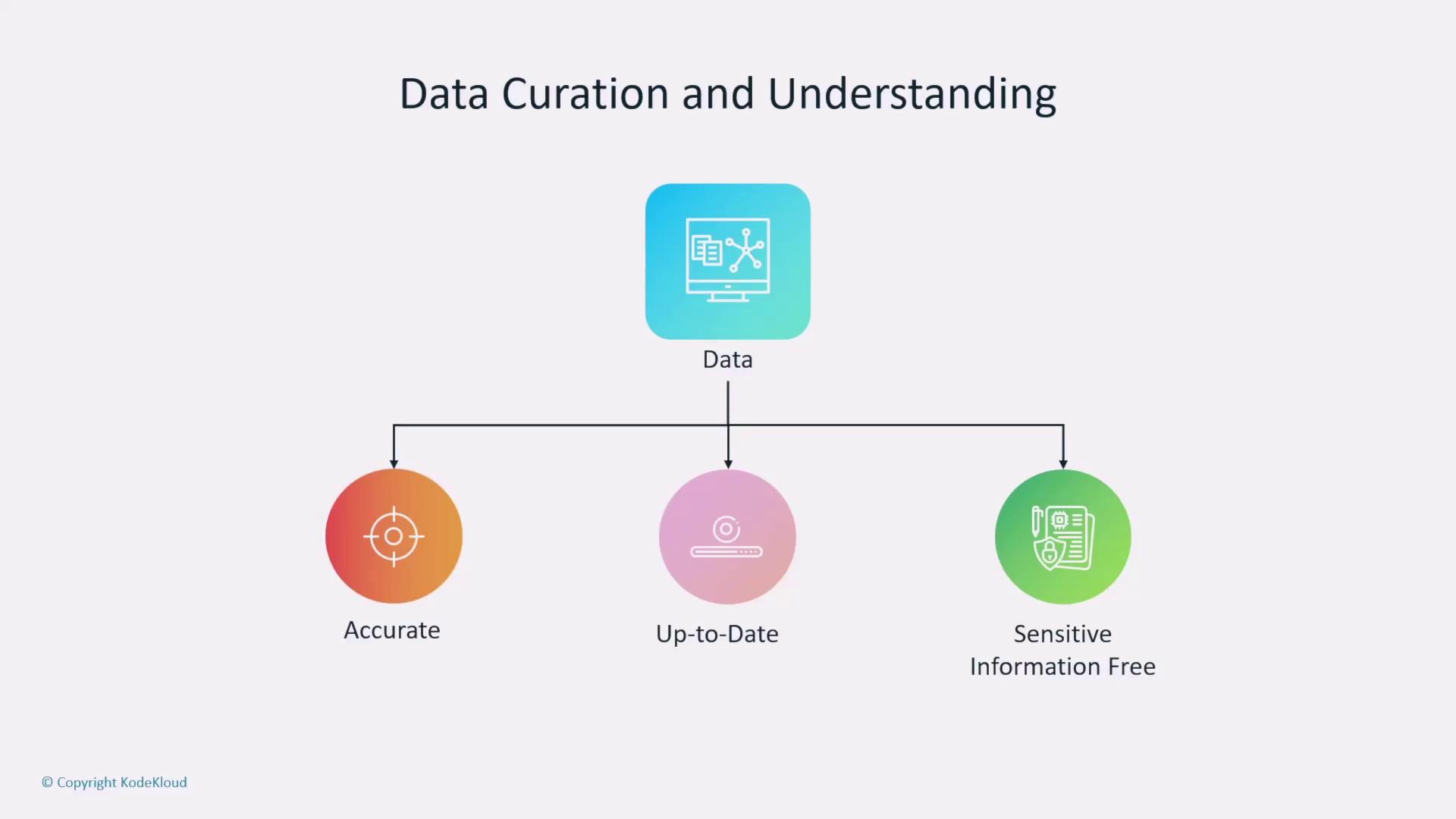 The image is a diagram titled "Data Curation and Understanding," showing "Data" at the top connected to three elements: "Accurate," "Up-to-Date," and "Sensitive Information Free."