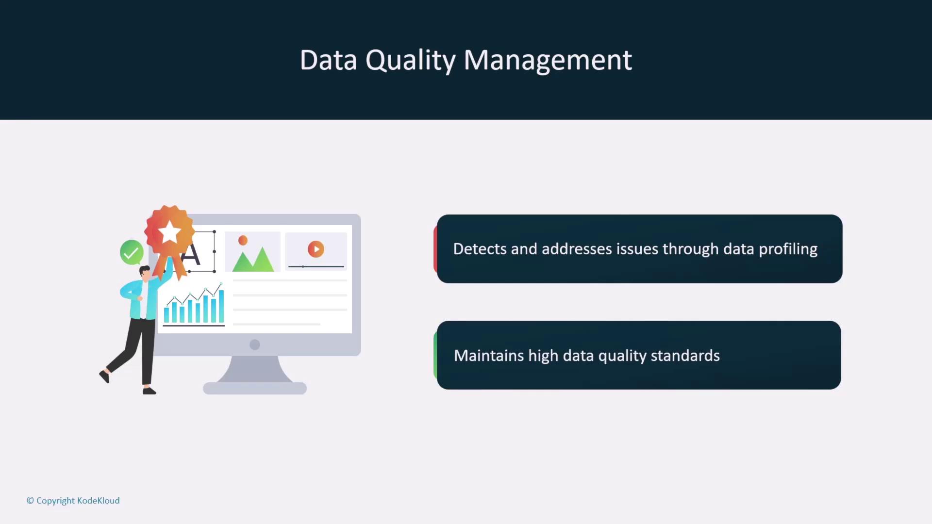 The image illustrates "Data Quality Management" with a graphic of a person holding a badge next to a computer screen displaying charts and icons. It highlights the importance of detecting issues through data profiling and maintaining high data quality standards.