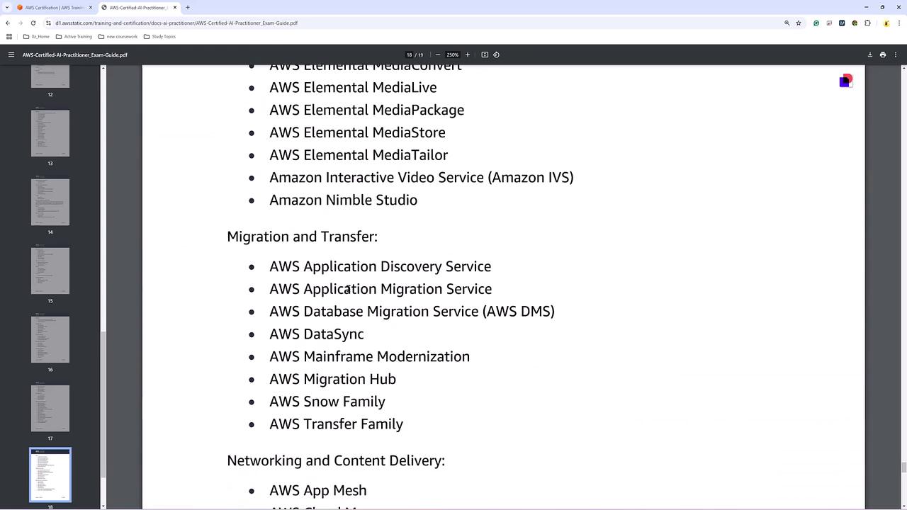The image shows a section of a PDF document listing various AWS services related to media, migration, and networking. It includes services like AWS Elemental MediaConvert, AWS Application Migration Service, and AWS App Mesh.