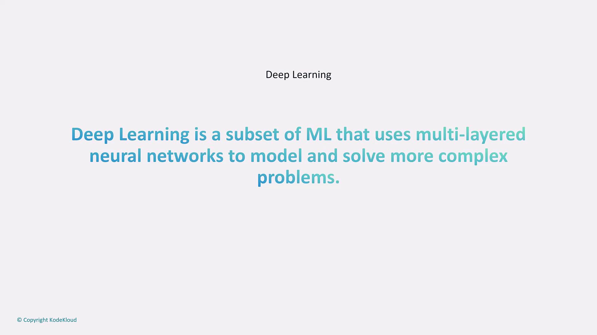 The image explains that deep learning is a subset of machine learning (ML) using multi-layered neural networks to solve complex problems.
