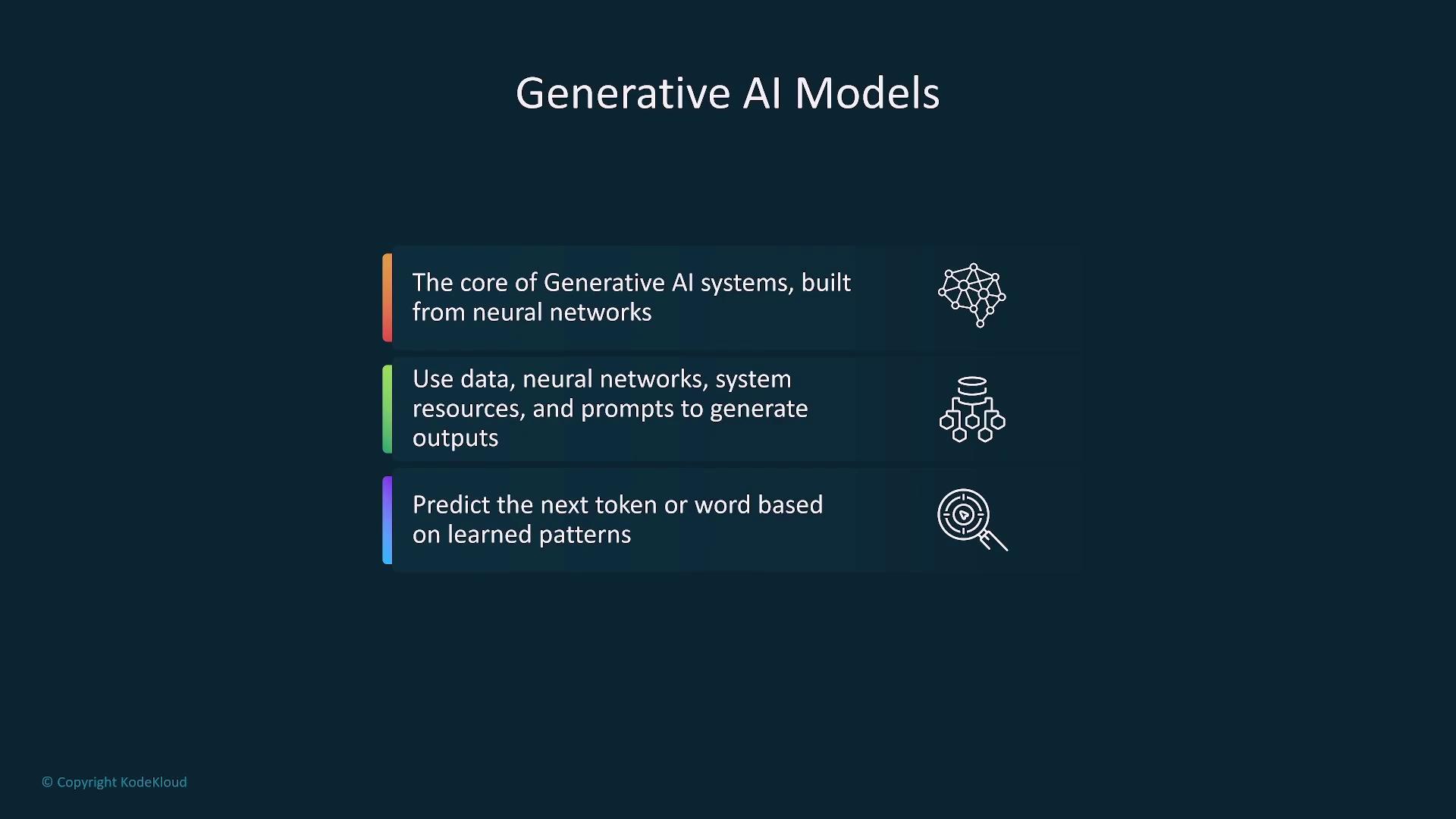 The image is an infographic about generative AI models, highlighting their core built from neural networks, their use of data and prompts to generate outputs, and their ability to predict the next token or word based on learned patterns.