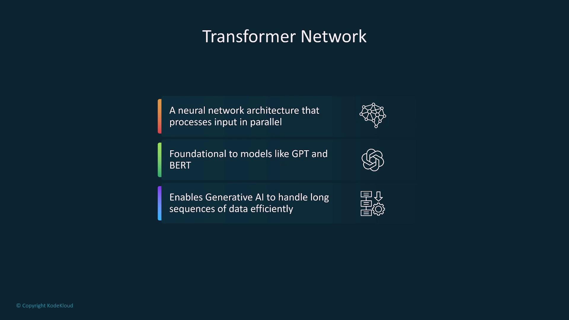 The image describes a "Transformer Network," highlighting its parallel processing capabilities, foundational role in models like GPT and BERT, and its efficiency in handling long data sequences for generative AI.