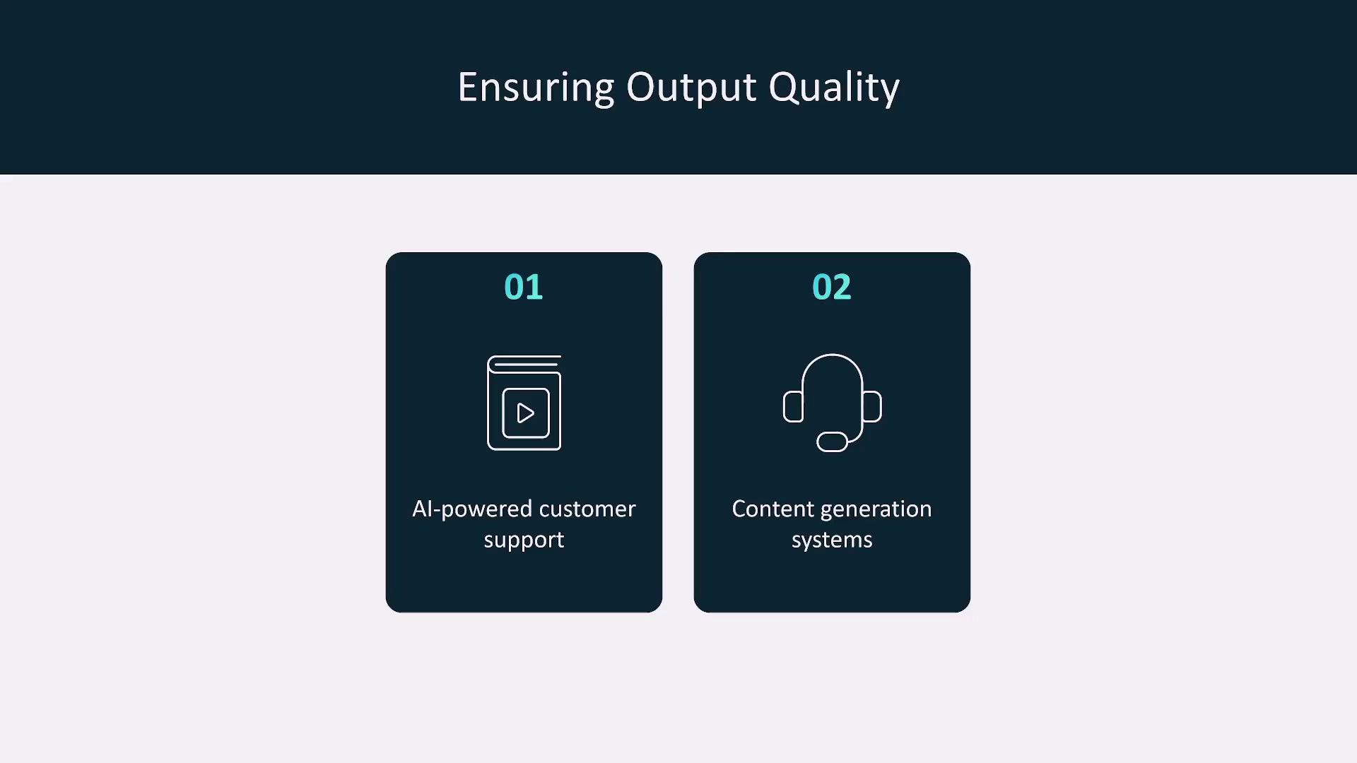 The image outlines two components for ensuring output quality: AI-powered customer support and content generation systems.