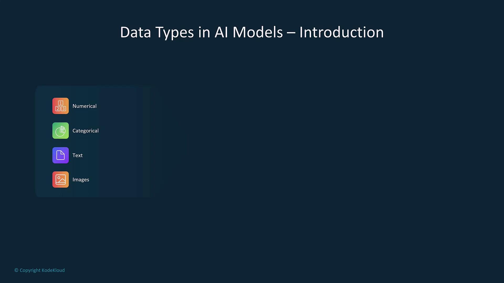 The image is an introduction slide titled "Data Types in AI Models" and lists four types: Numerical, Categorical, Text, and Images, each with an icon.