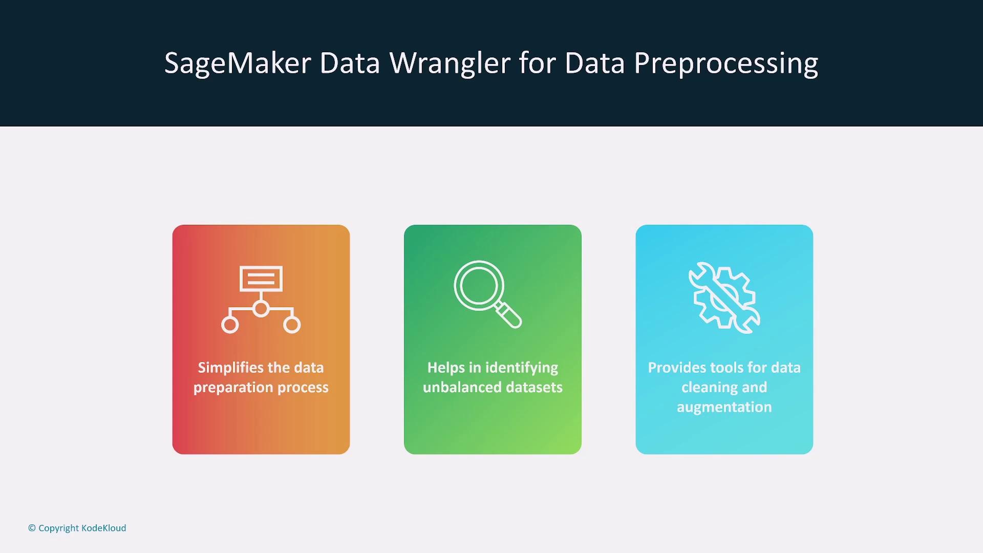 The image is an infographic about SageMaker Data Wrangler, highlighting its features: simplifying data preparation, identifying unbalanced datasets, and providing tools for data cleaning and augmentation.