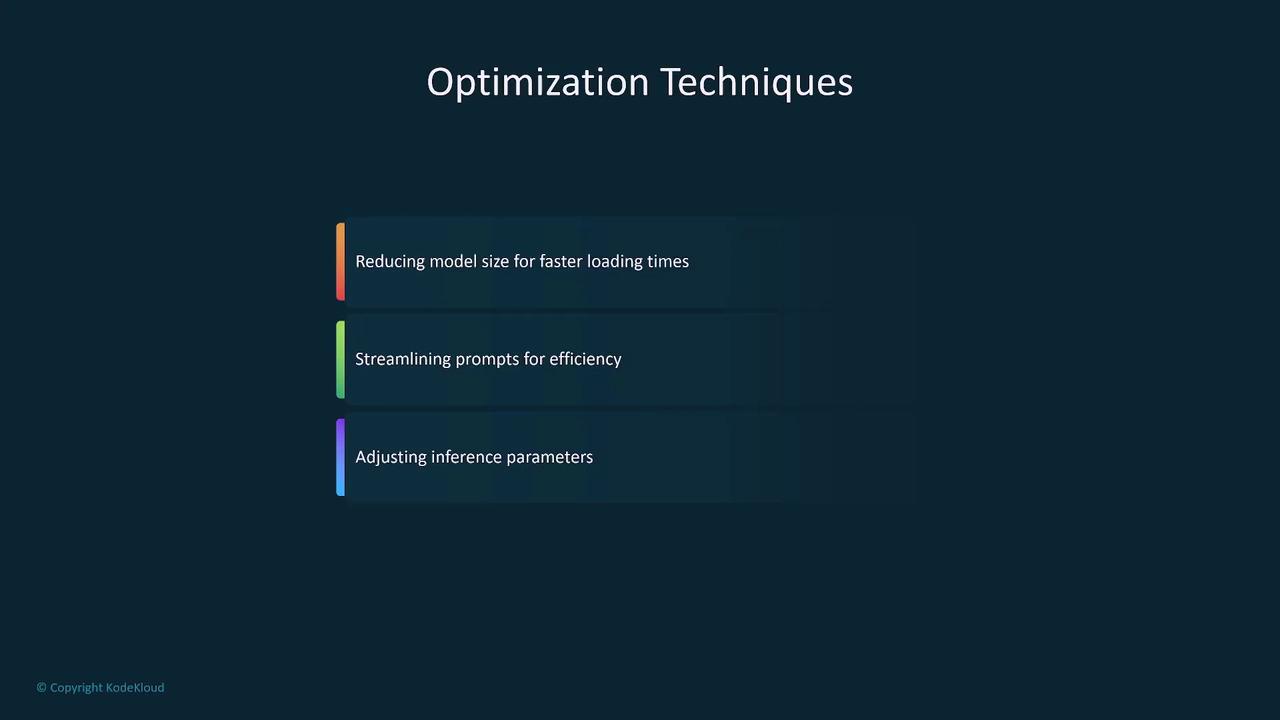 The image lists optimization techniques, including reducing model size for faster loading times, streamlining prompts for efficiency, and adjusting inference parameters.
