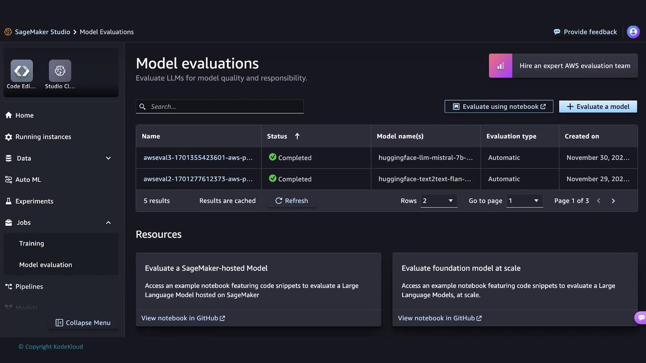 The image shows a screenshot of the SageMaker Studio interface, specifically the "Model Evaluations" section, displaying completed evaluations of language models with options to evaluate more models and access resources.