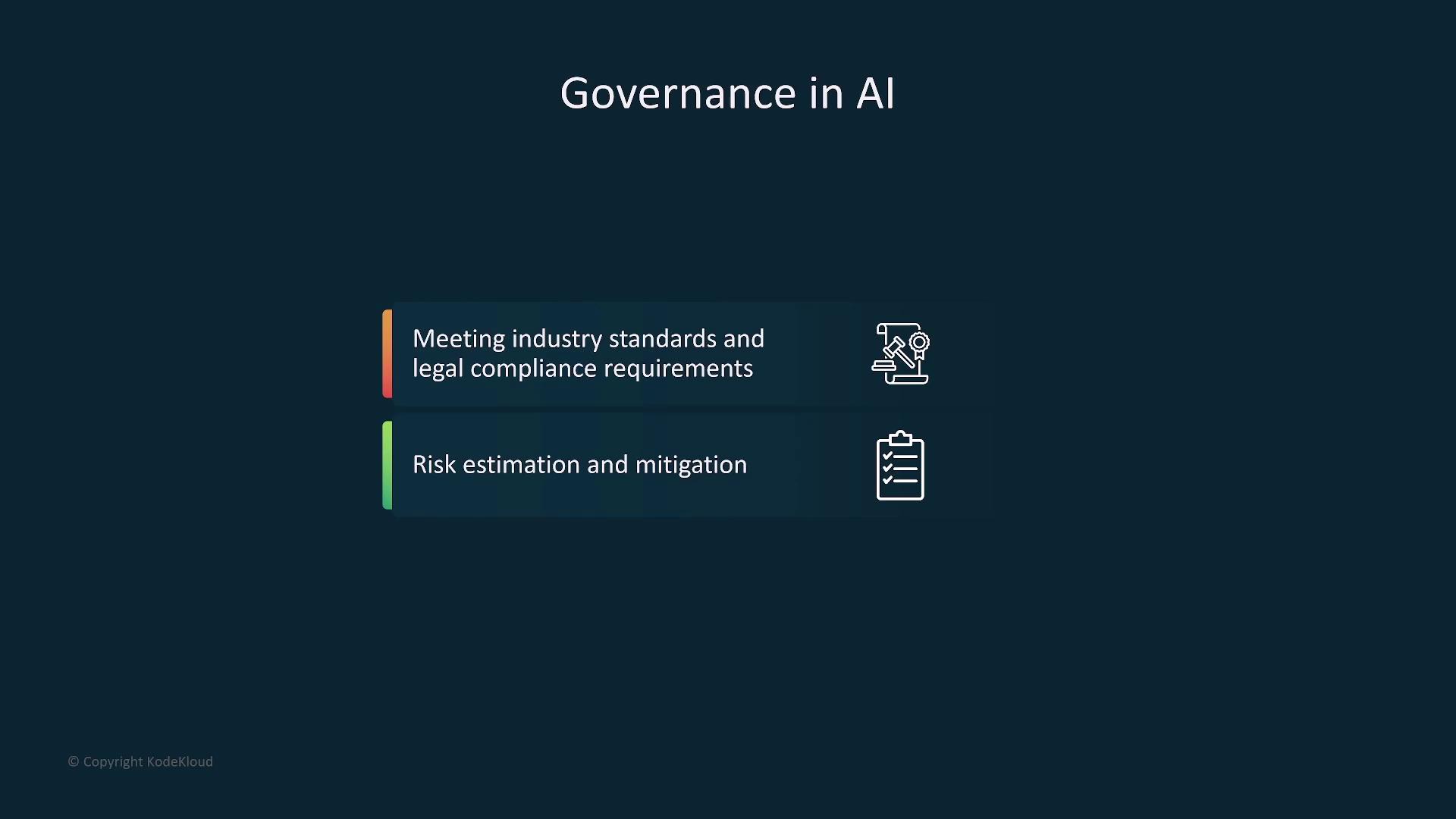 The image outlines key aspects of AI governance, focusing on meeting industry standards, legal compliance, and risk estimation and mitigation.