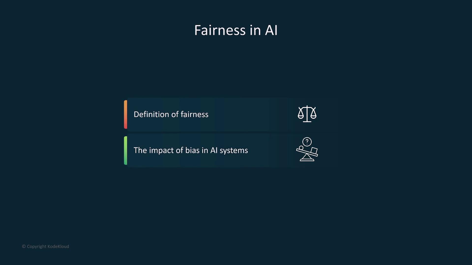 The image is titled "Fairness in AI" and lists two topics: "Definition of fairness" and "The impact of bias in AI systems," each accompanied by an icon.