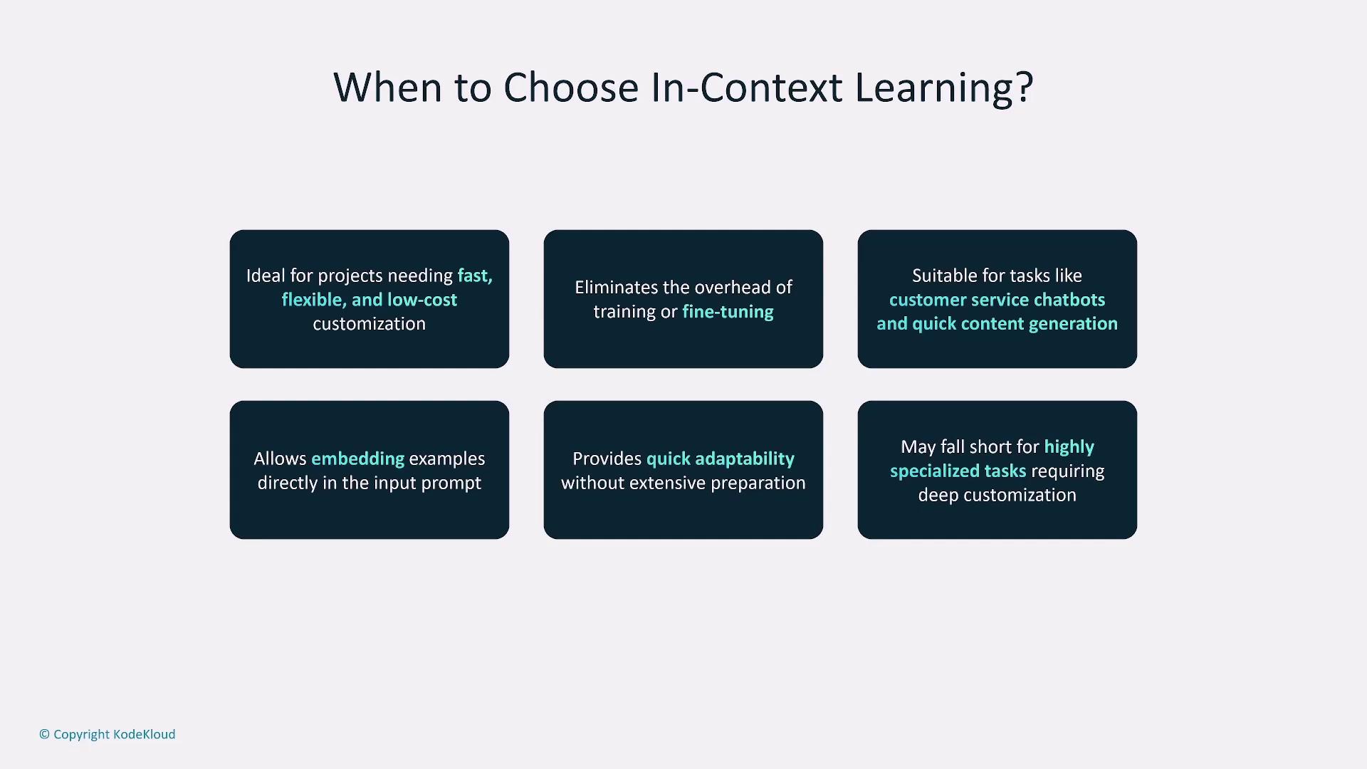 The image outlines when to choose in-context learning, highlighting its benefits like fast customization, eliminating training overhead, and quick adaptability, while noting it may not suit highly specialized tasks.
