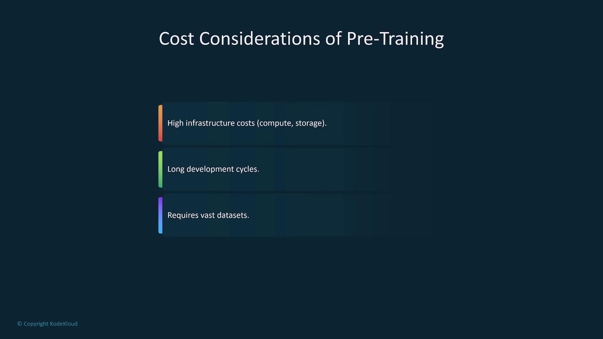 The image lists cost considerations of pre-training, including high infrastructure costs, long development cycles, and the need for vast datasets.