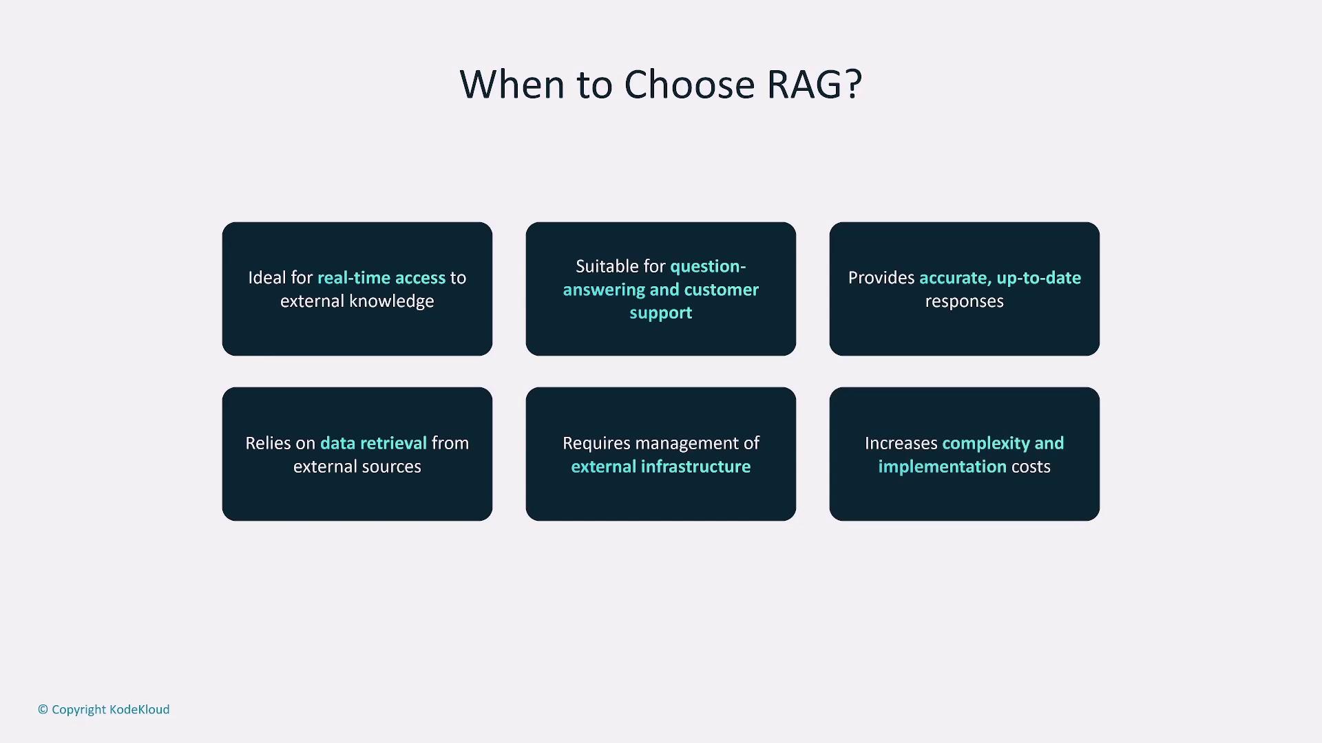 The image outlines considerations for choosing RAG (Retrieval-Augmented Generation), highlighting its suitability for real-time access, question-answering, and accurate responses, while noting the need for external infrastructure management and increased complexity.