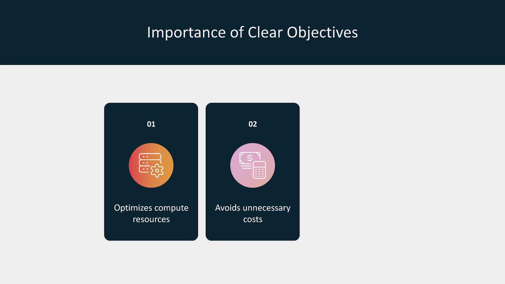 The image highlights the importance of clear objectives, emphasizing the optimization of compute resources and the avoidance of unnecessary costs.