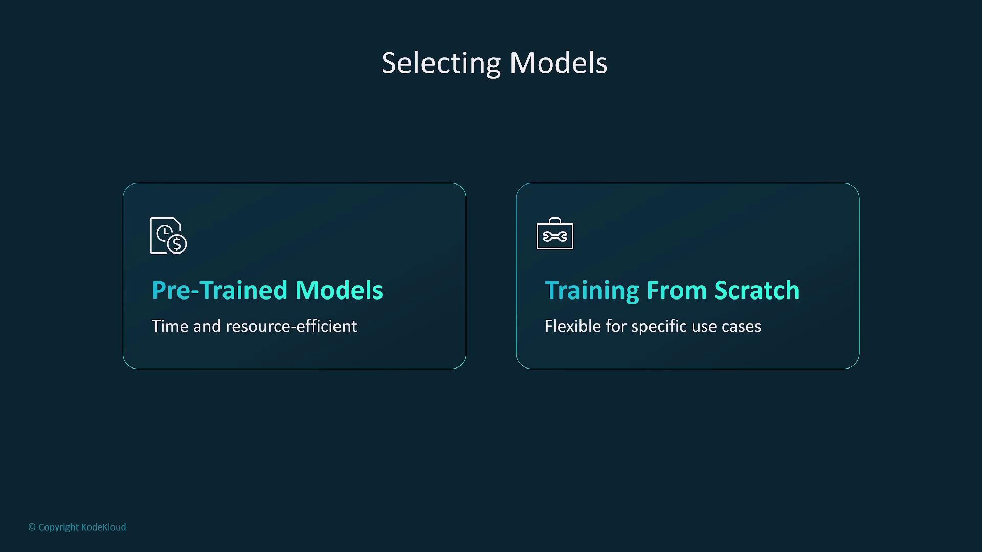 The image compares two options for selecting models: "Pre-Trained Models," which are time and resource-efficient, and "Training From Scratch," which is flexible for specific use cases.
