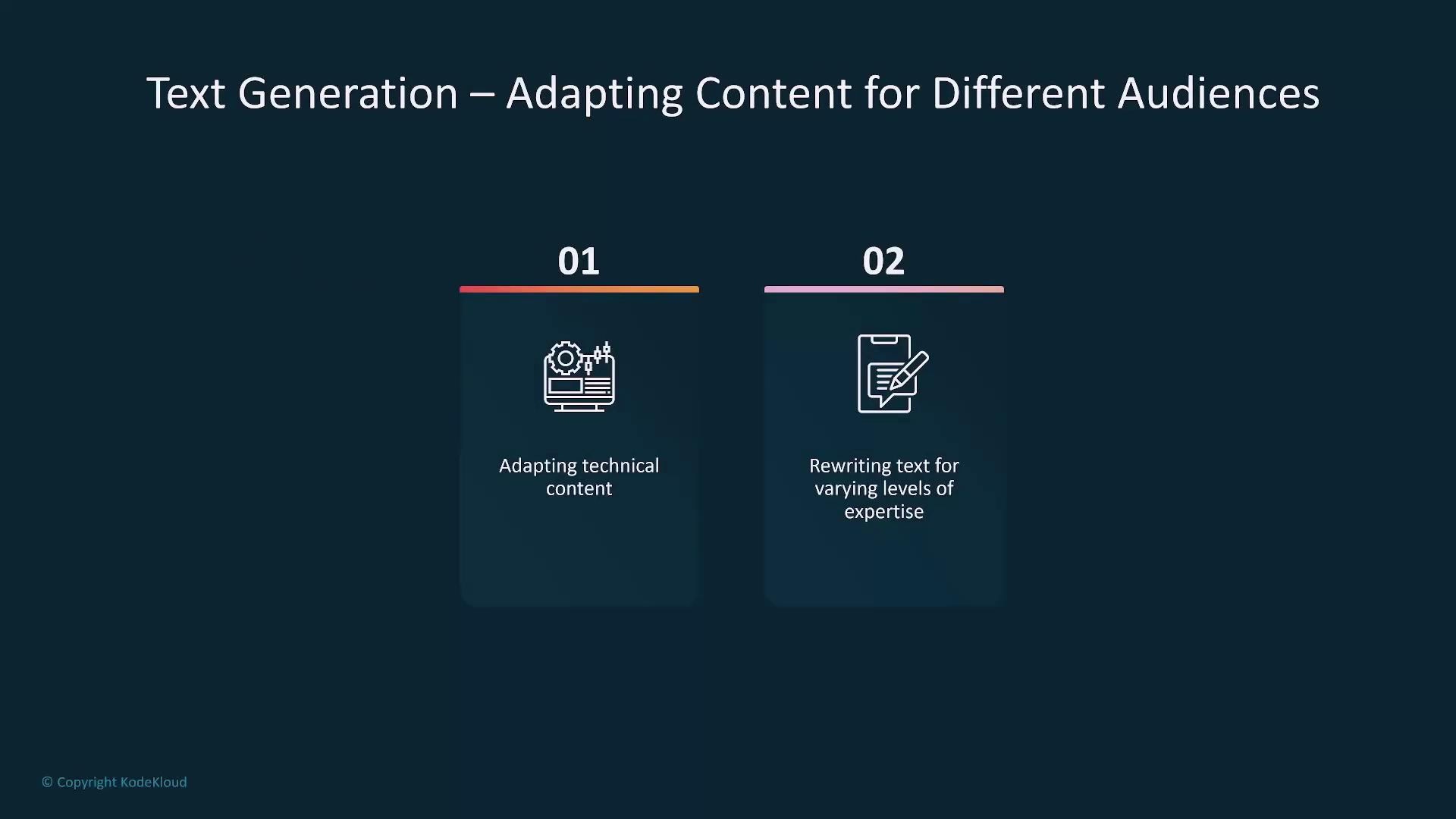 The image outlines two strategies for adapting content for different audiences: adapting technical content and rewriting text for varying levels of expertise.