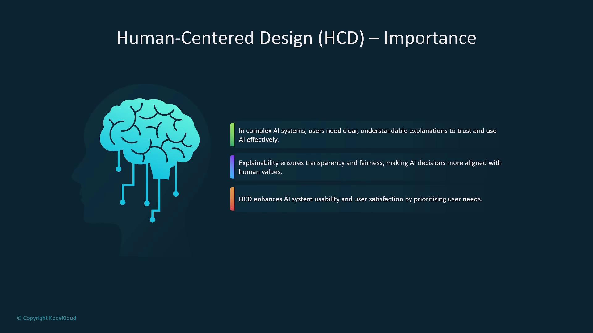 The image discusses the importance of Human-Centered Design (HCD) in AI systems, emphasizing the need for clear explanations, transparency, fairness, and user satisfaction. It features an illustration of a brain with circuit-like connections.