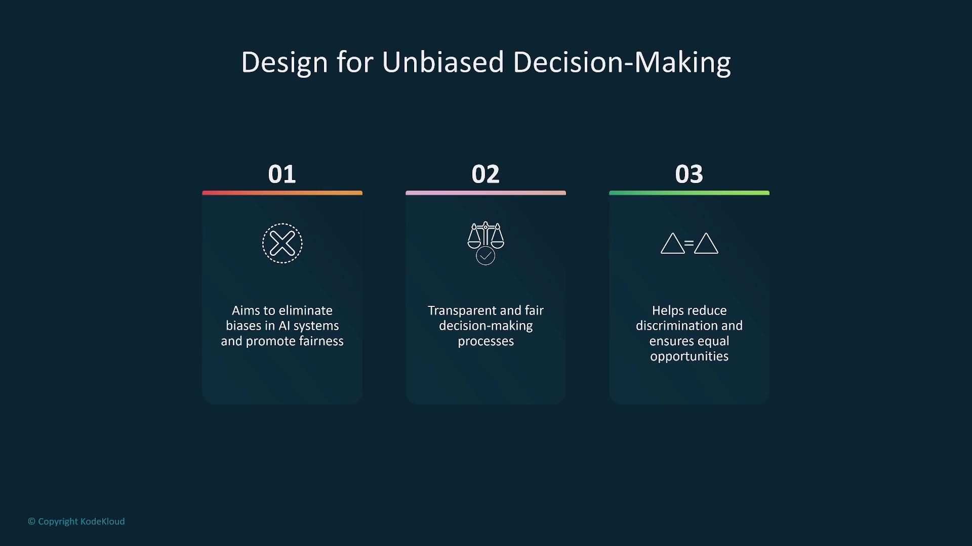 The image outlines three principles for designing unbiased decision-making: eliminating biases in AI systems, ensuring transparent and fair decision-making processes, and reducing discrimination to ensure equal opportunities.
