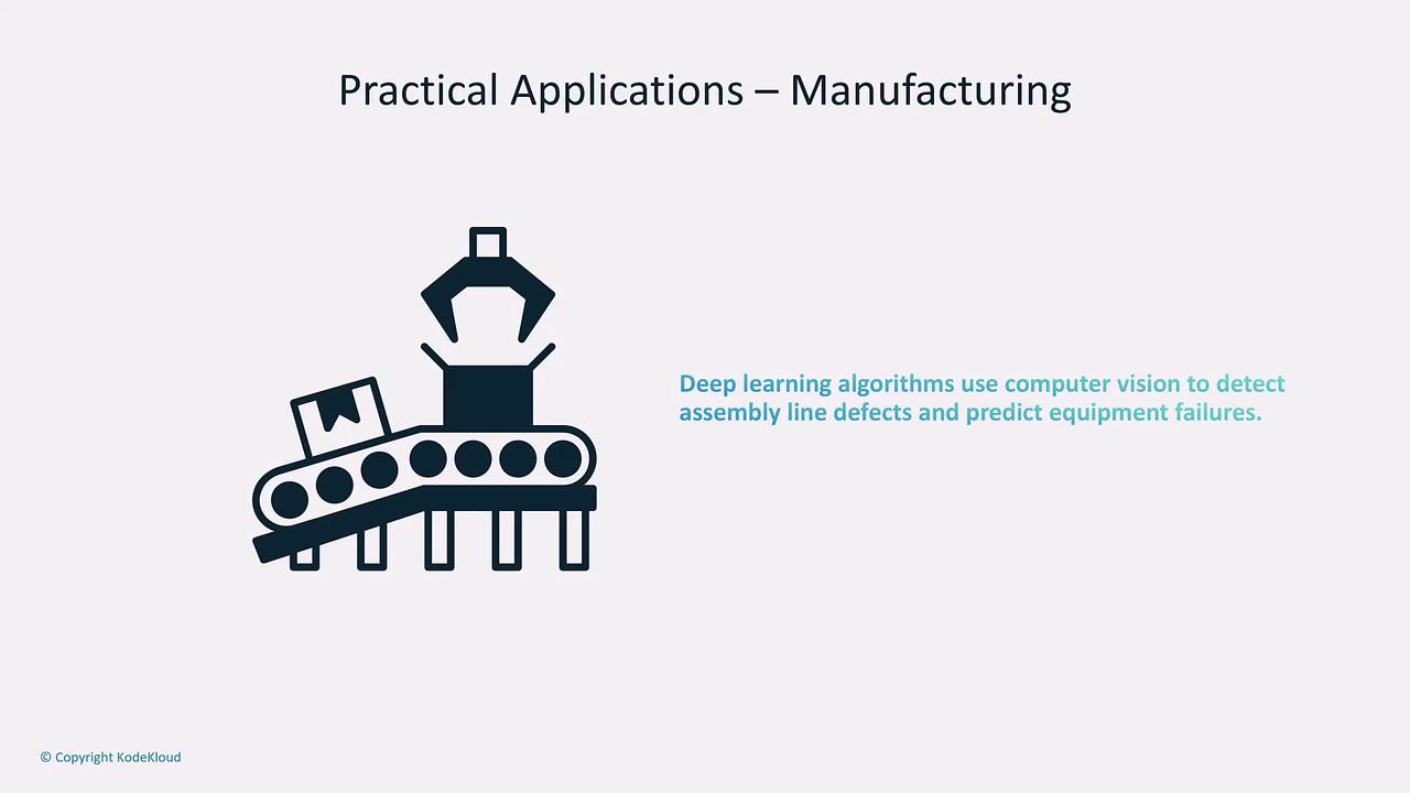 The image illustrates a manufacturing assembly line with a robotic arm, highlighting the use of deep learning algorithms and computer vision to detect defects and predict equipment failures.