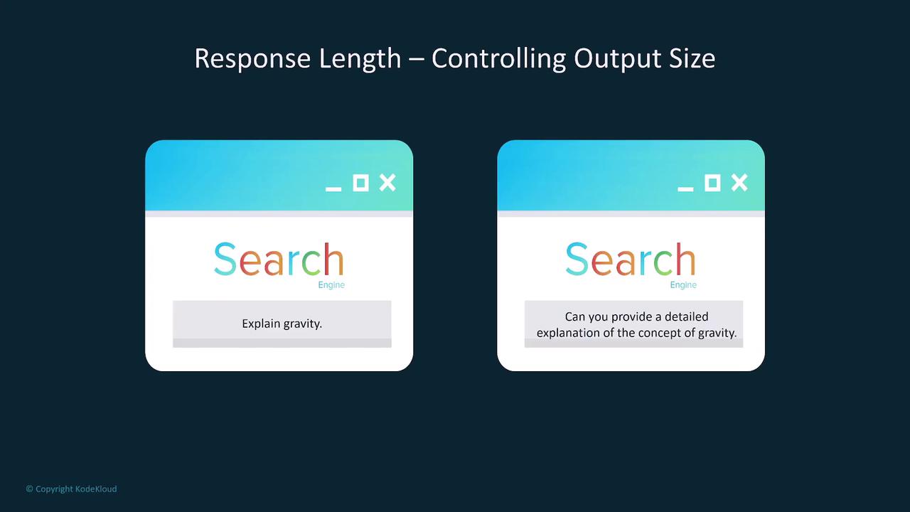 The image shows two search engine windows with different queries about gravity, illustrating the concept of controlling response length.