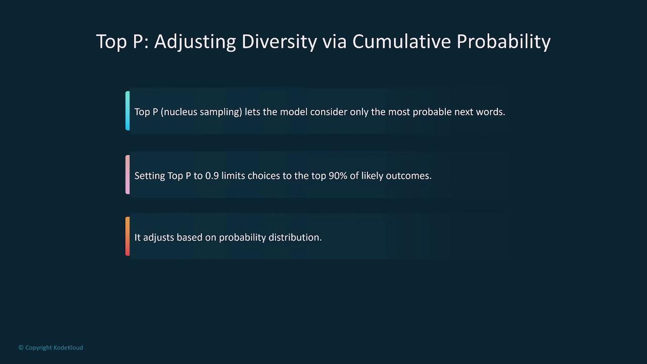 The image explains "Top P" or nucleus sampling, which adjusts diversity in model predictions by considering only the most probable next words, limiting choices to the top 90% of likely outcomes, and adjusting based on probability distribution.