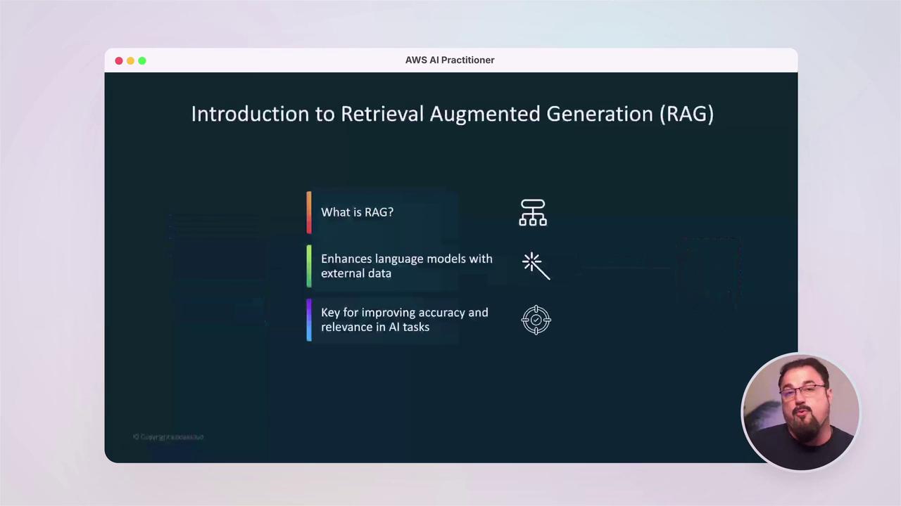The image is a presentation slide titled "Introduction to Retrieval Augmented Generation (RAG)" with bullet points explaining RAG's role in enhancing language models with external data and improving AI task accuracy. A person is visible in a small video call window at the bottom right.