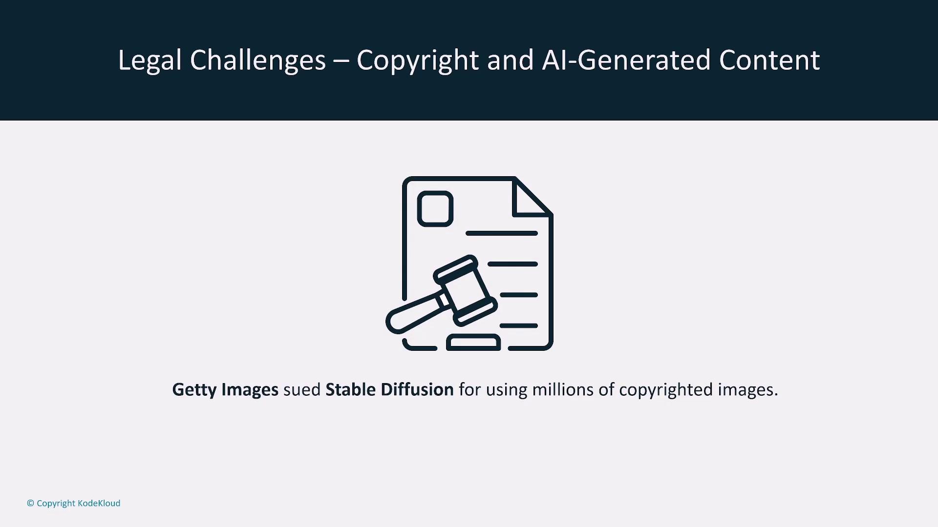 The image discusses legal challenges related to copyright and AI-generated content, mentioning a lawsuit by Getty Images against Stable Diffusion for using copyrighted images.