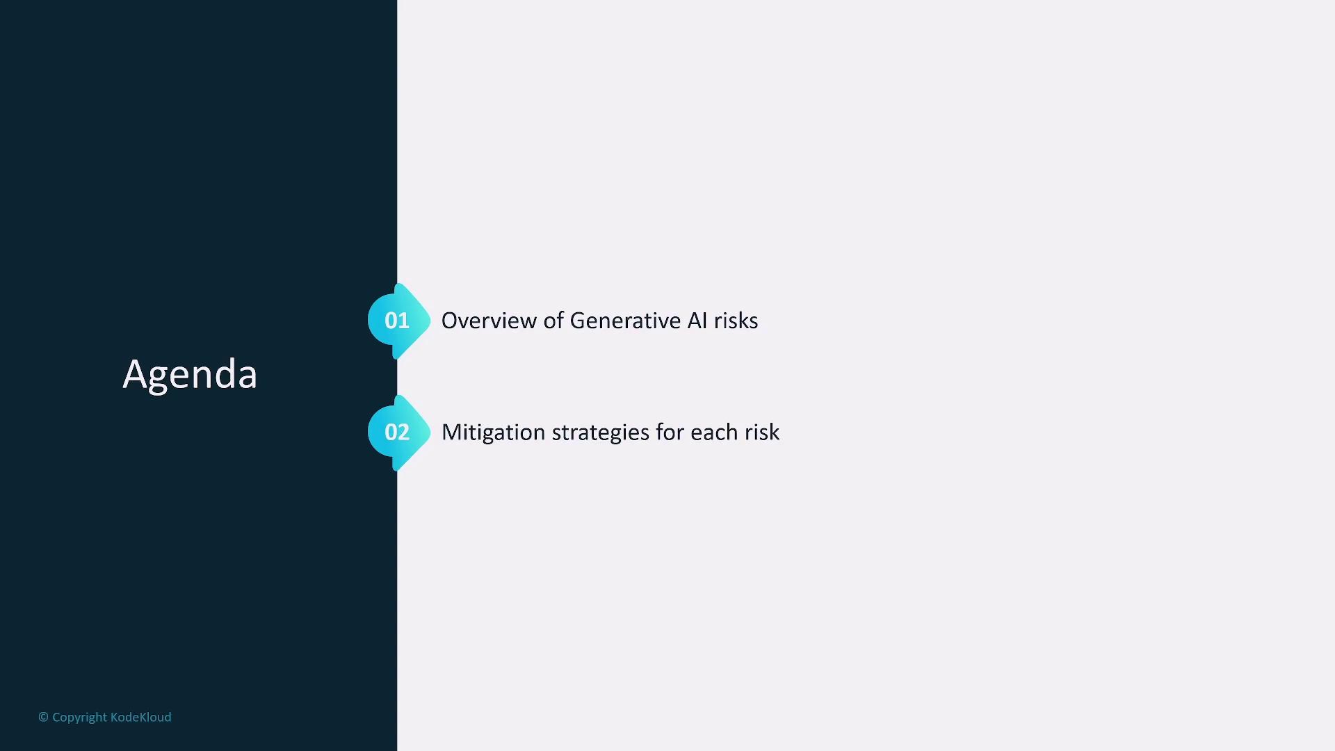 The image is an agenda slide with two points: "Overview of Generative AI risks" and "Mitigation strategies for each risk."