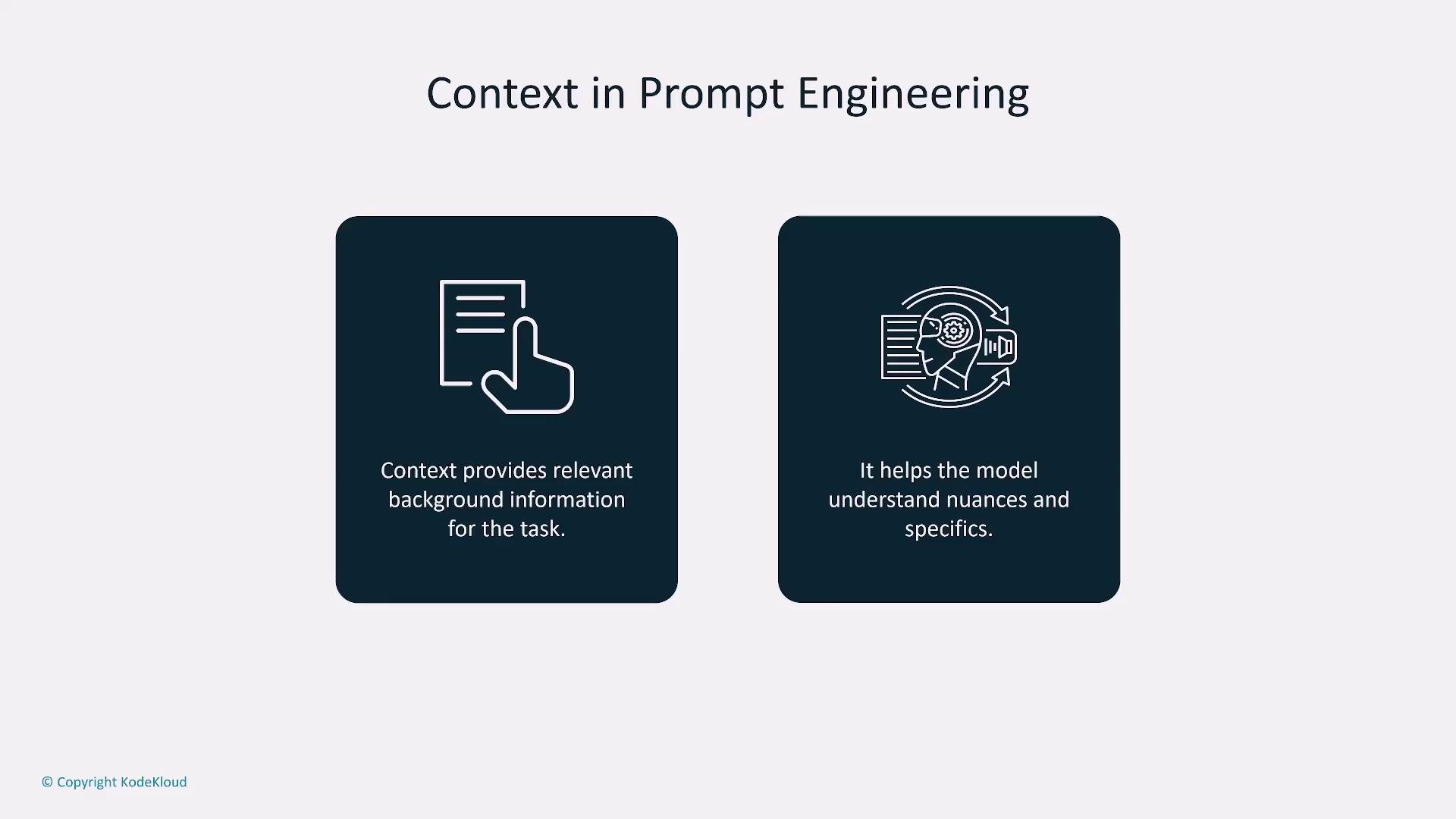 The image explains the importance of context in prompt engineering, highlighting that it provides relevant background information and helps models understand nuances and specifics.