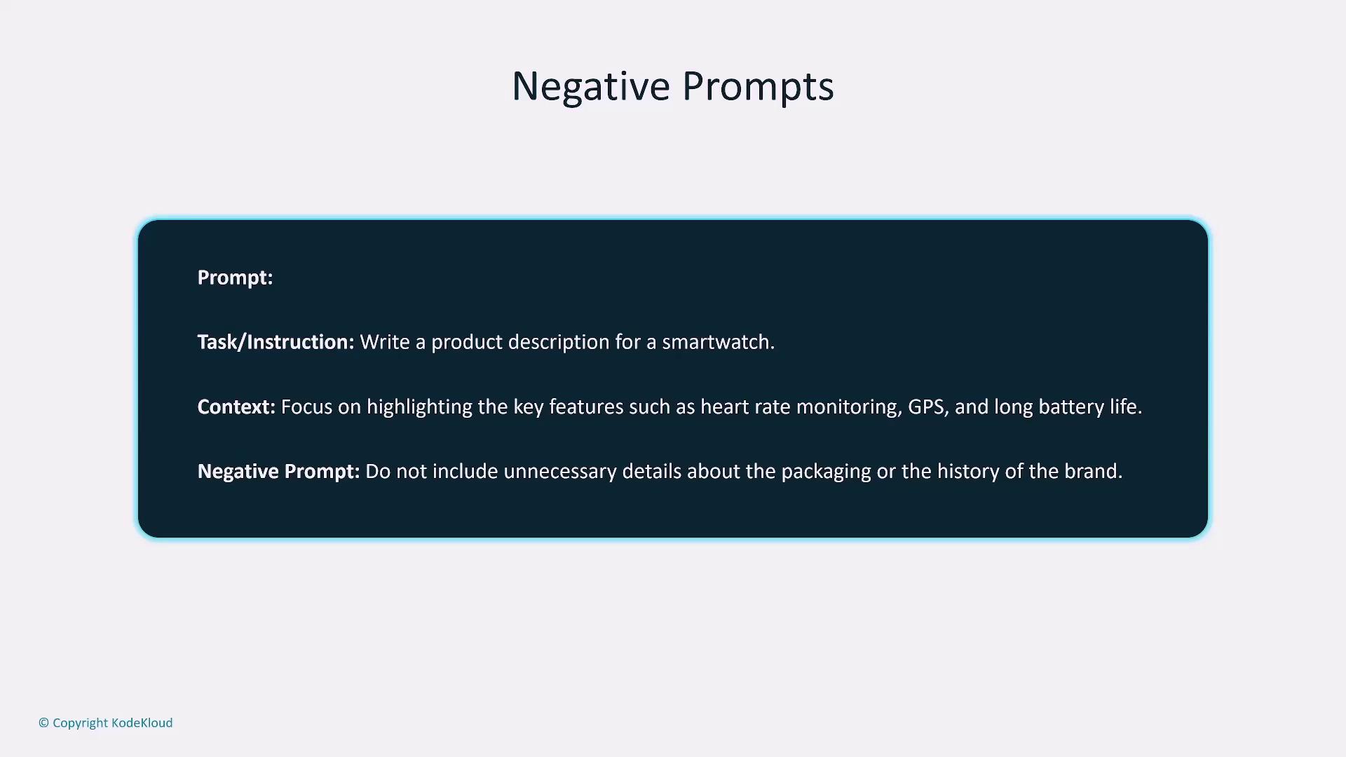 The image contains a prompt for writing a product description for a smartwatch, focusing on key features like heart rate monitoring, GPS, and battery life, while avoiding unnecessary details about packaging or brand history.