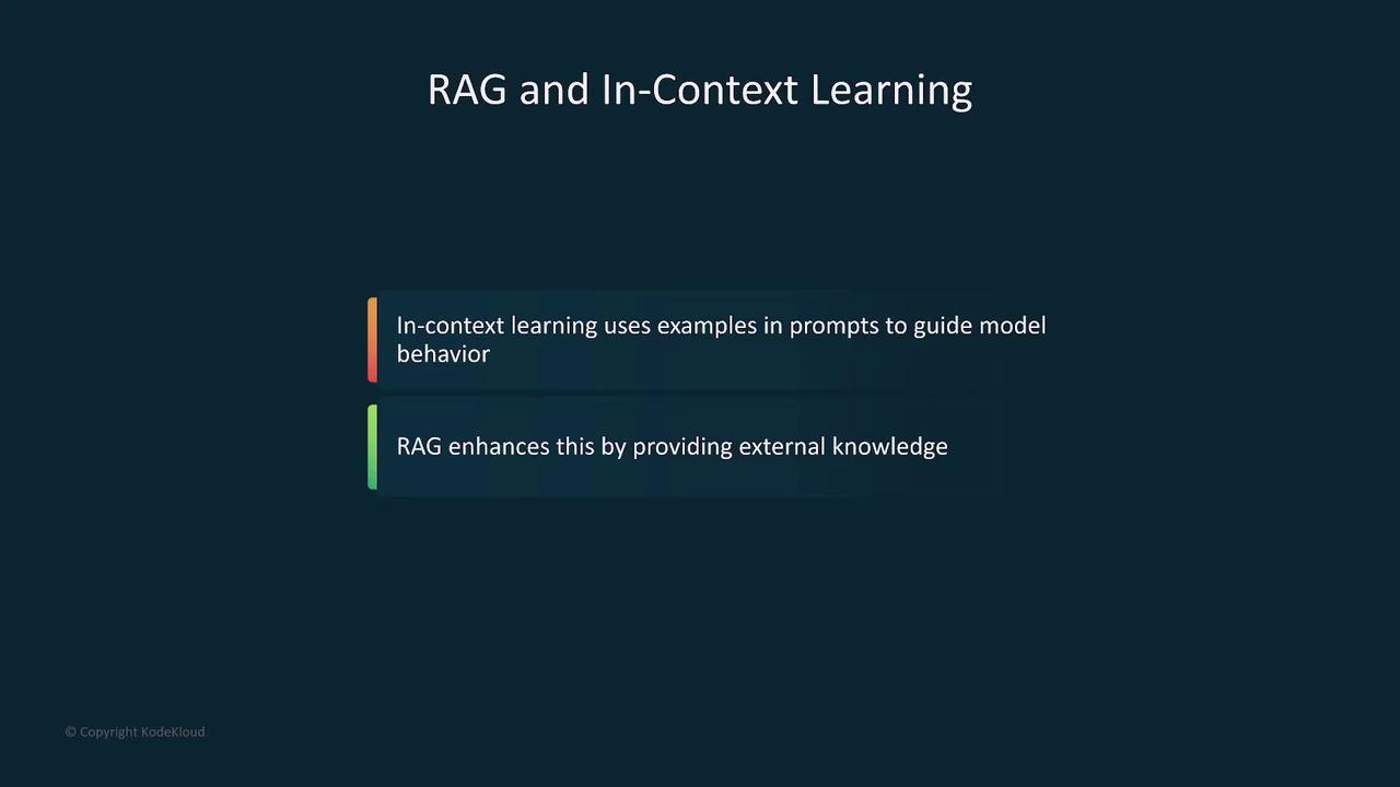 The image is a slide titled "RAG and In-Context Learning," explaining that in-context learning uses examples in prompts to guide model behavior, and RAG enhances this by providing external knowledge.