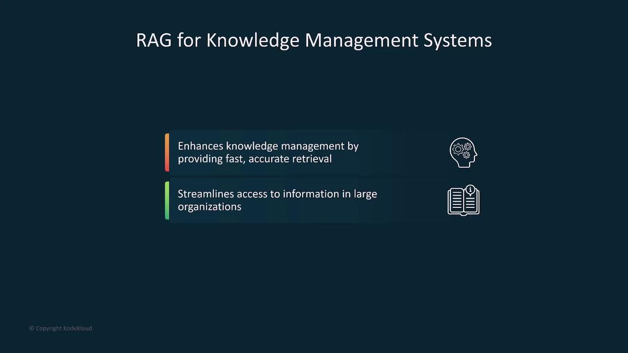 The image is a slide titled "RAG for Knowledge Management Systems," highlighting benefits such as enhancing knowledge management through fast retrieval and streamlining information access in large organizations.