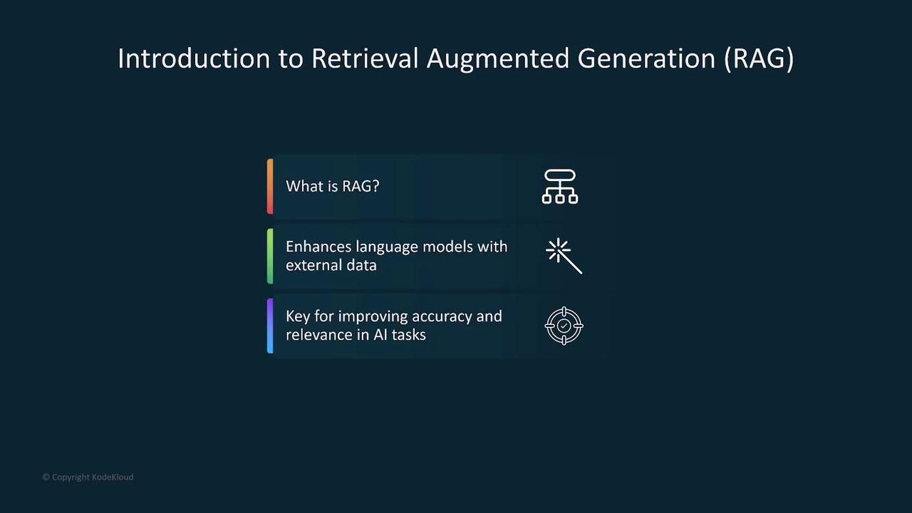 The image is an introduction to Retrieval Augmented Generation (RAG), highlighting its role in enhancing language models with external data and improving accuracy and relevance in AI tasks.