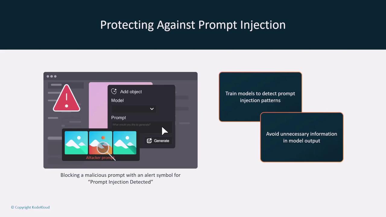 The image illustrates methods for protecting against prompt injection, showing a warning symbol for detected malicious prompts and suggesting training models to detect patterns and avoid unnecessary information in outputs.