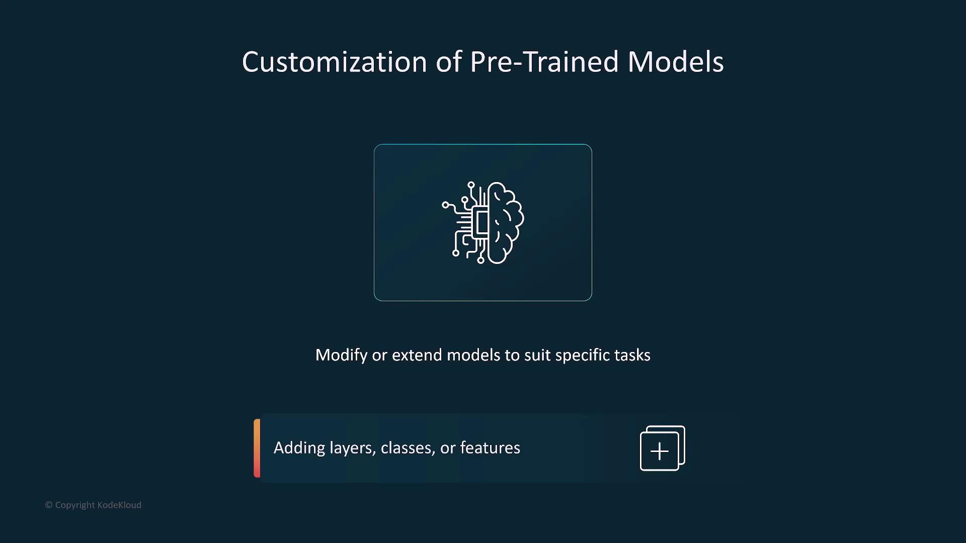 The image is about customizing pre-trained models, highlighting the modification or extension of models to suit specific tasks by adding layers, classes, or features. It includes an illustration of a brain with circuitry.