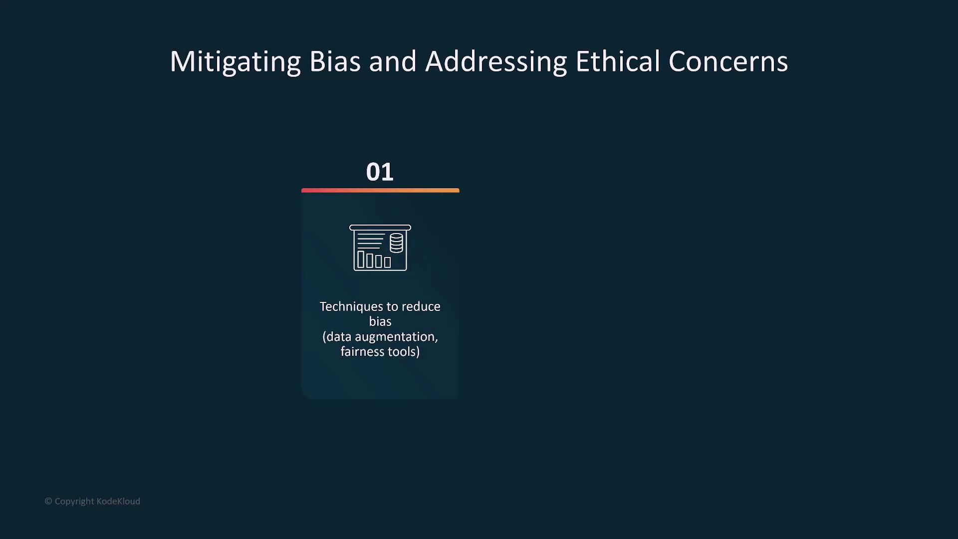 The image is a slide titled "Mitigating Bias and Addressing Ethical Concerns," highlighting techniques to reduce bias such as data augmentation and fairness tools.