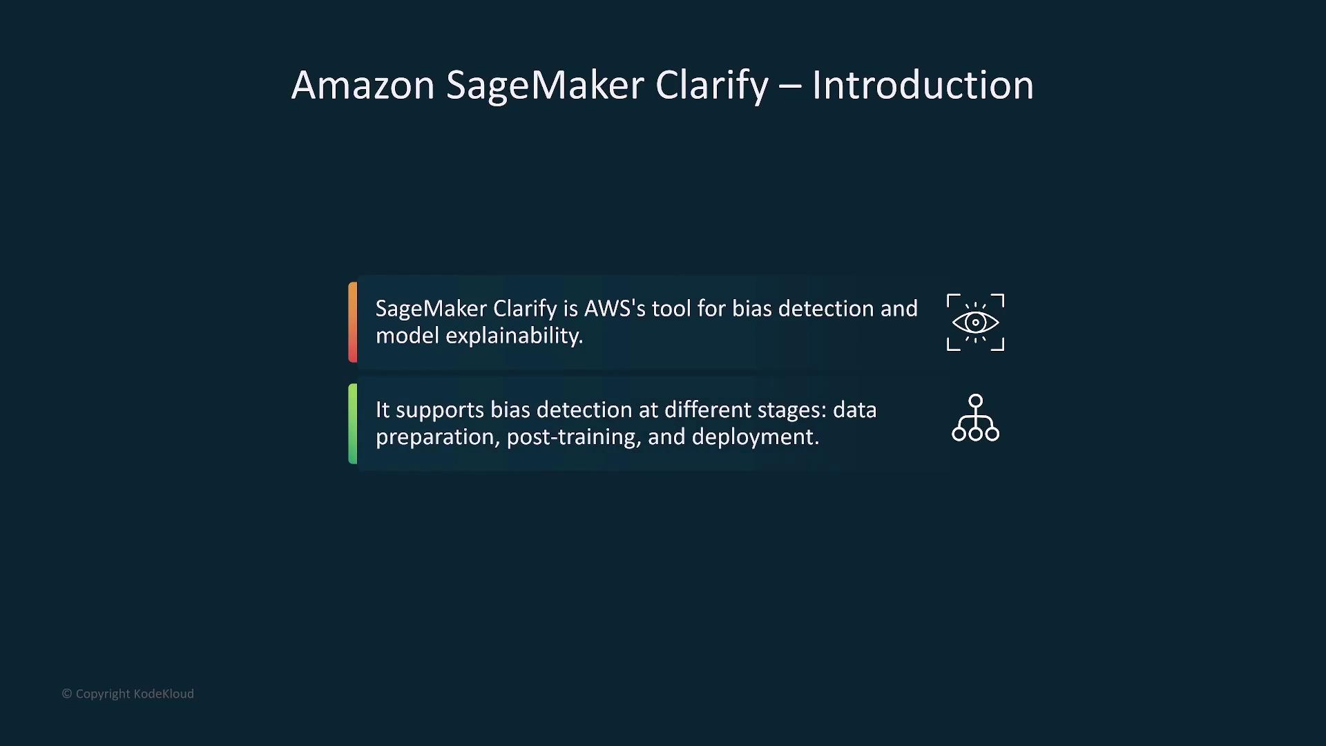 The image is an introduction to Amazon SageMaker Clarify, highlighting it as AWS's tool for bias detection and model explainability, supporting bias detection at various stages like data preparation, post-training, and deployment.