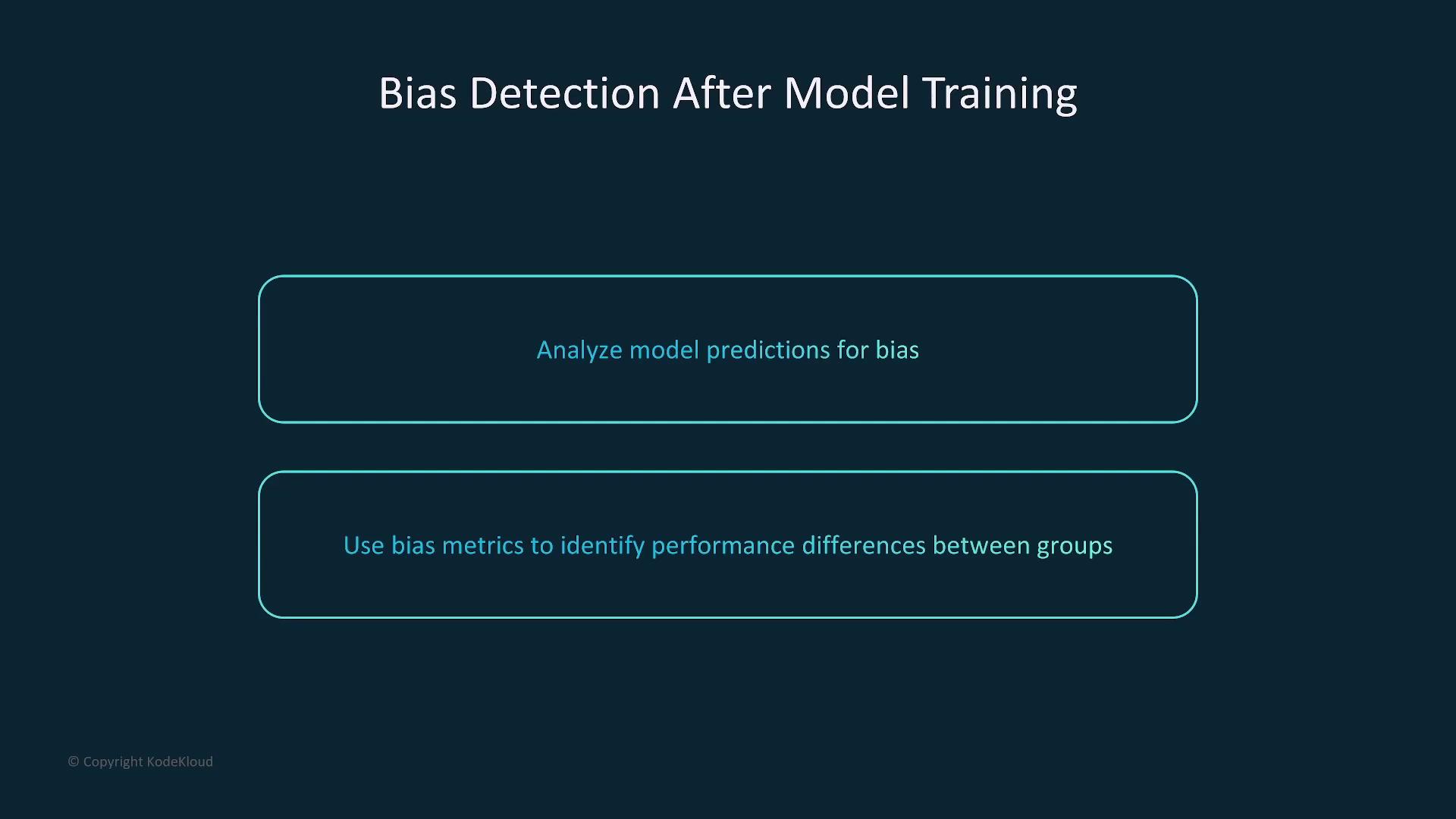 The image is a slide titled "Bias Detection After Model Training," outlining steps to analyze model predictions for bias and use bias metrics to identify performance differences between groups.
