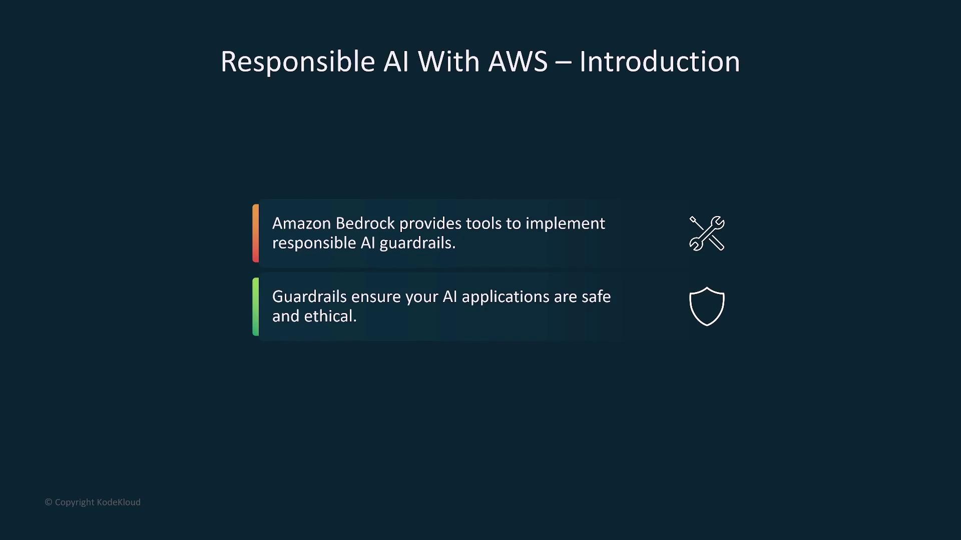 The image is an introduction slide about "Responsible AI With AWS," highlighting that Amazon Bedrock provides tools for implementing responsible AI guardrails to ensure applications are safe and ethical.
