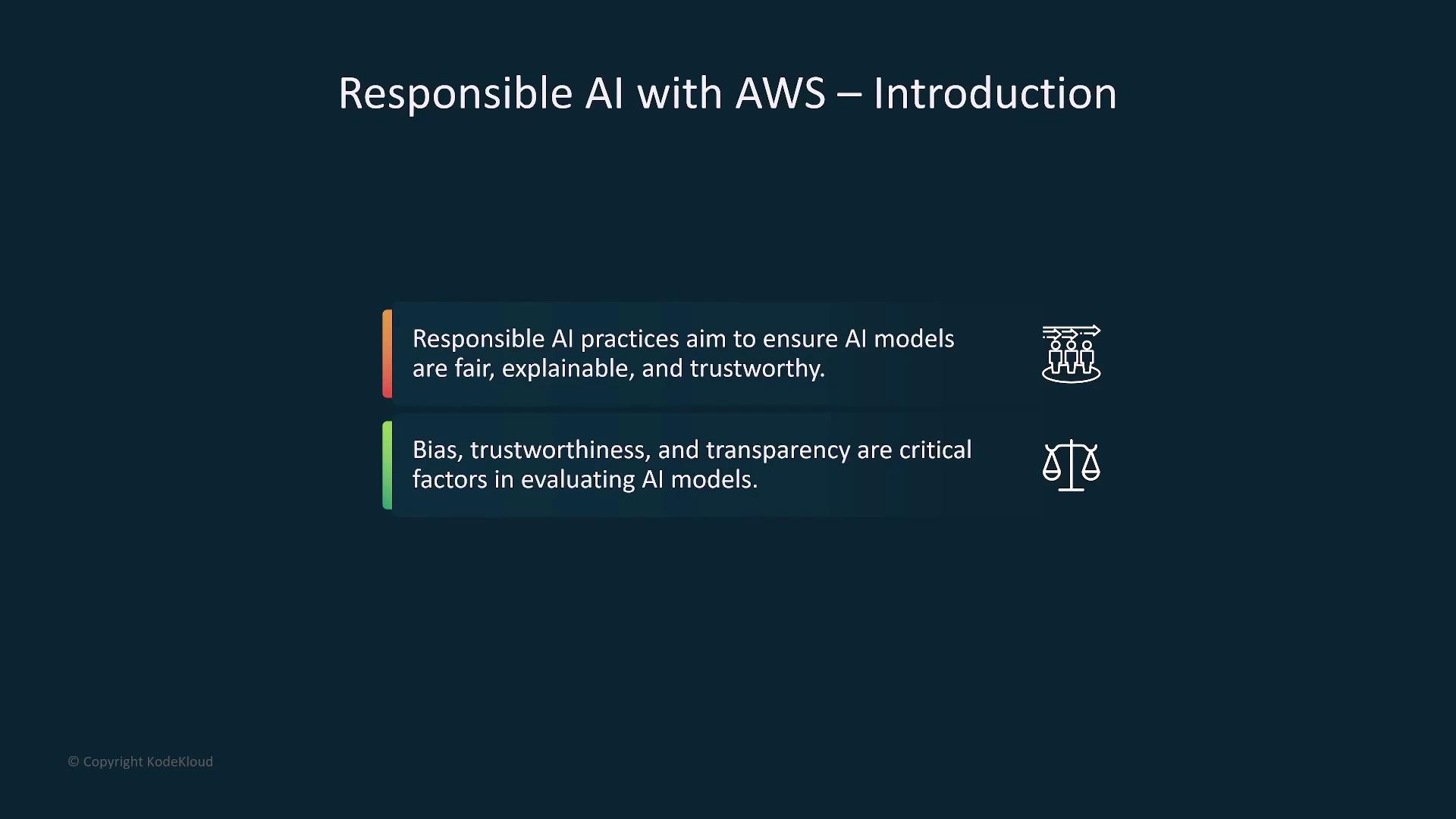 The image is an introduction slide titled "Responsible AI with AWS," highlighting the importance of fair, explainable, and trustworthy AI models, and emphasizing bias, trustworthiness, and transparency in evaluating AI models.