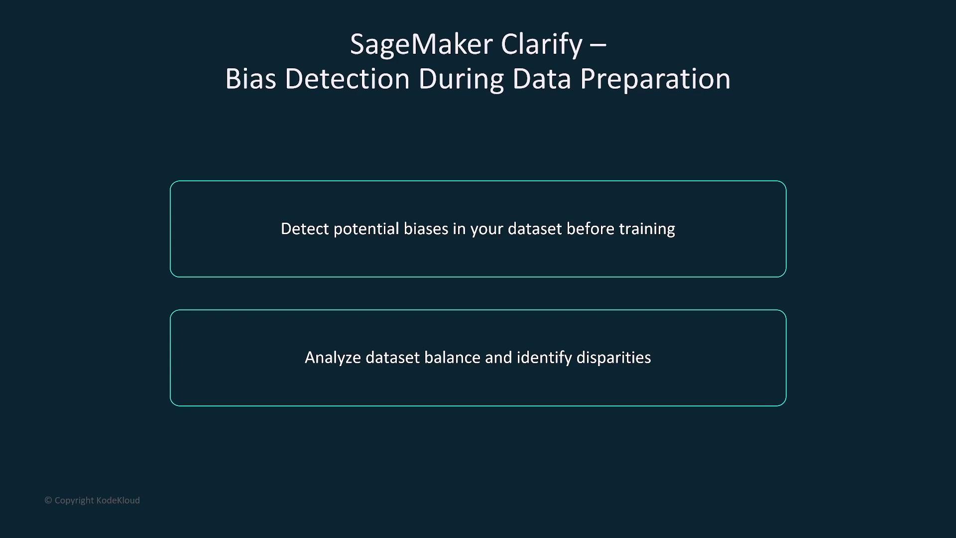 The image is about SageMaker Clarify, highlighting its features for detecting potential biases in datasets before training and analyzing dataset balance to identify disparities.