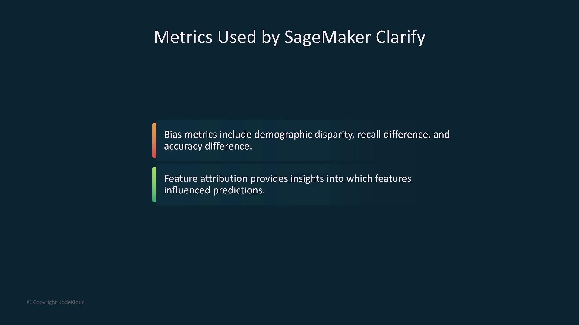 The image describes metrics used by SageMaker Clarify, highlighting bias metrics like demographic disparity and feature attribution for insights into prediction influences.