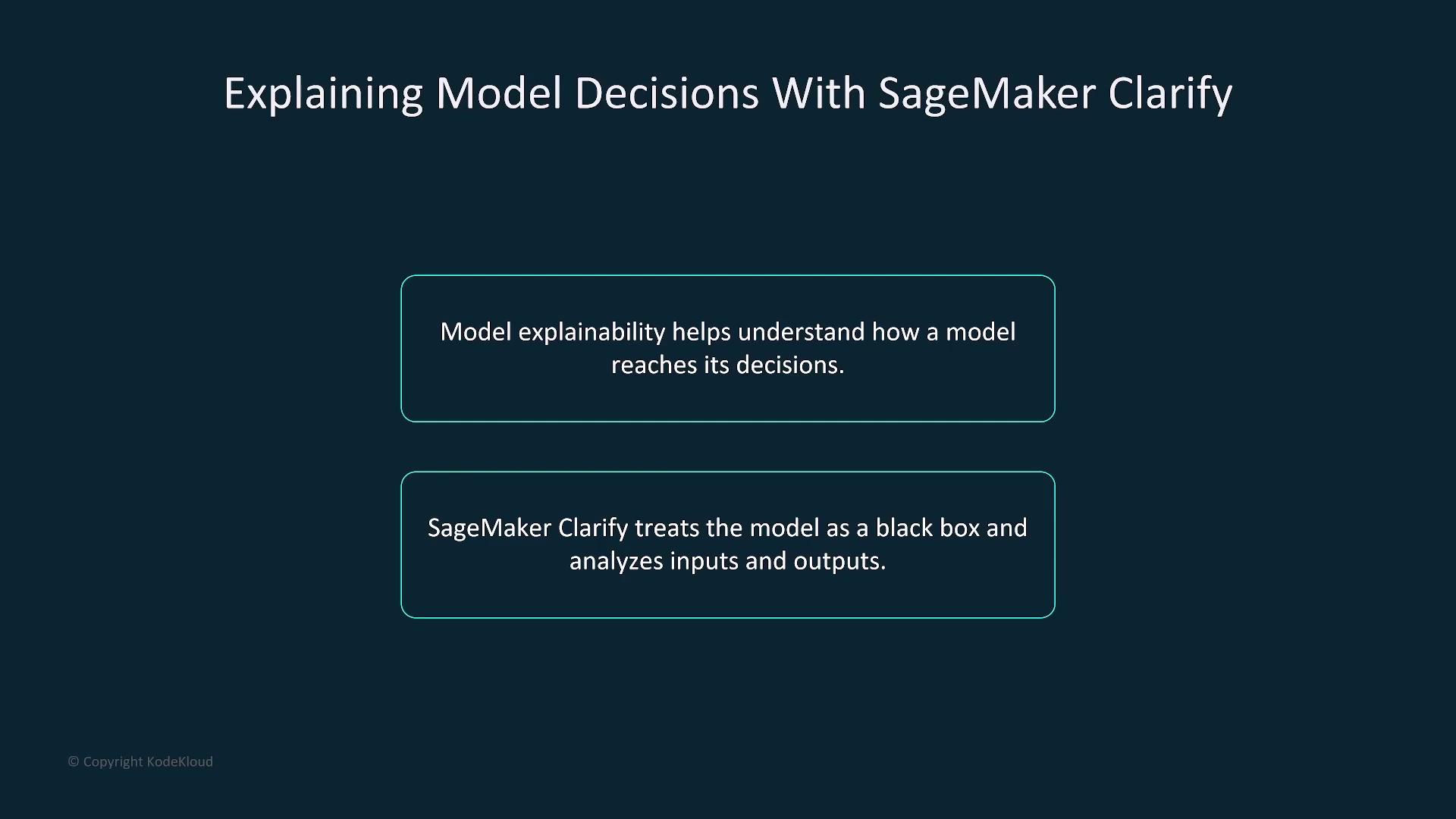 The image explains that SageMaker Clarify helps understand model decisions by treating the model as a black box and analyzing inputs and outputs.