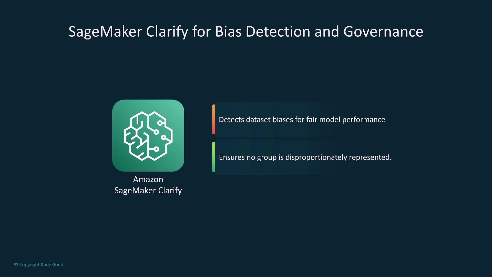 The image is about Amazon SageMaker Clarify, highlighting its features for bias detection and governance, ensuring fair model performance and balanced representation.