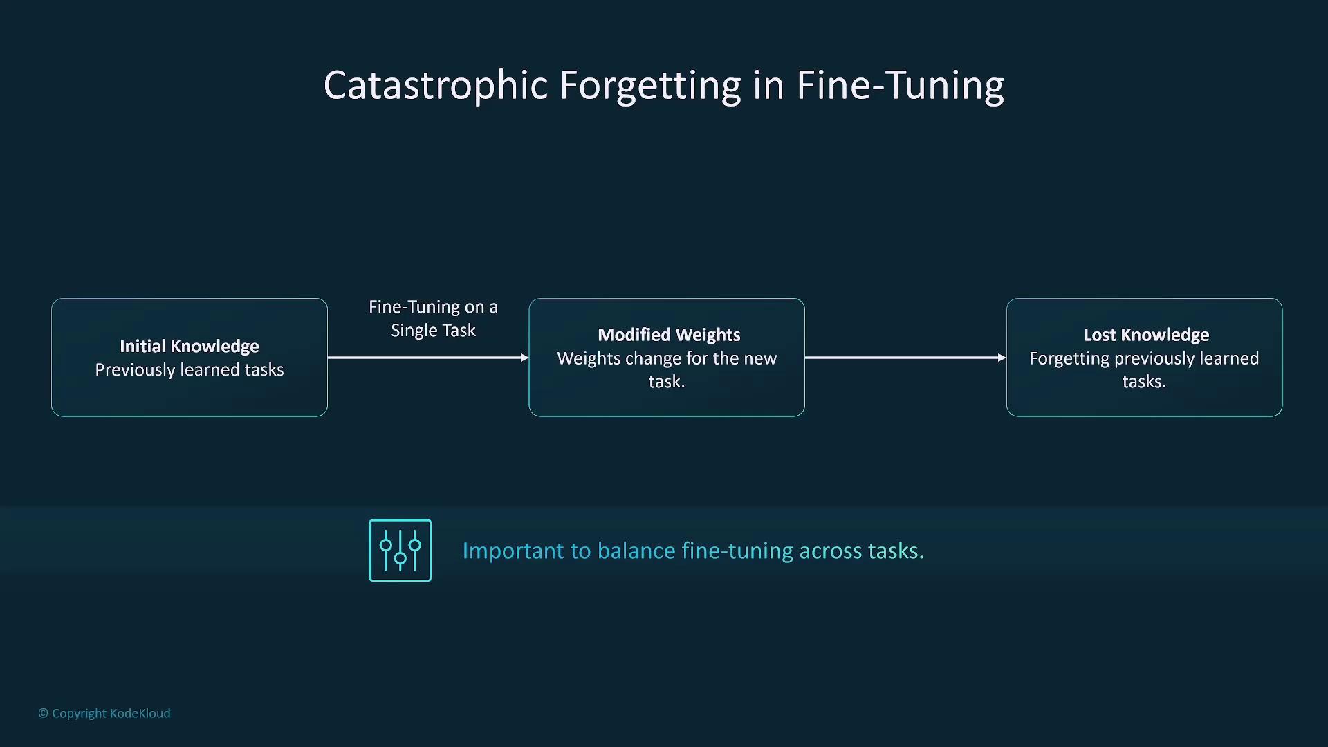 The image illustrates the concept of catastrophic forgetting in fine-tuning, showing how initial knowledge is modified during fine-tuning on a single task, leading to lost knowledge of previously learned tasks. It emphasizes the importance of balancing fine-tuning across tasks.