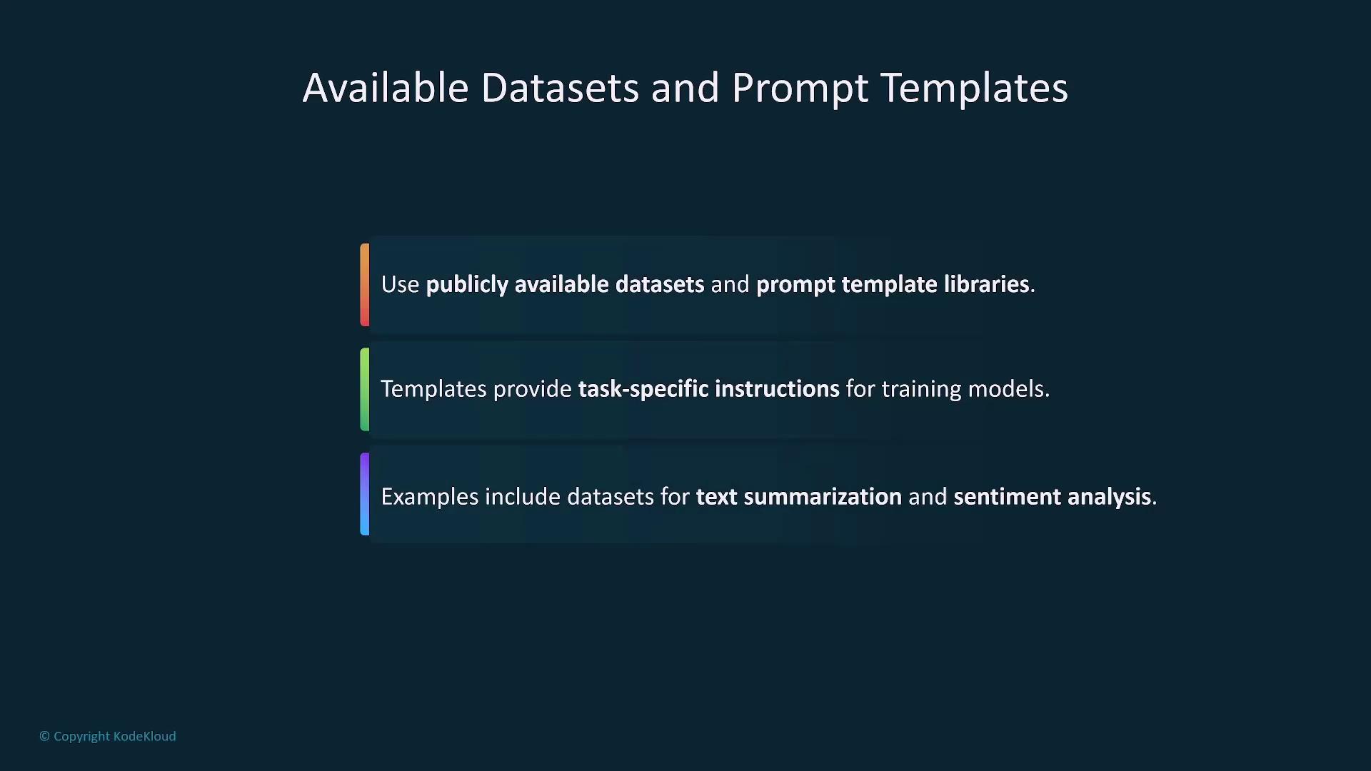 The image outlines the use of publicly available datasets and prompt templates for training models, with examples like text summarization and sentiment analysis.