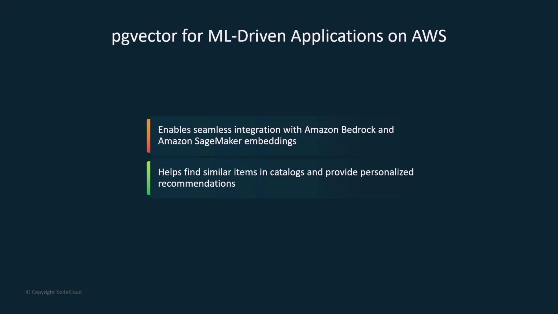 The image is a slide about "pgvector for ML-Driven Applications on AWS," highlighting its integration with Amazon Bedrock and SageMaker, and its ability to find similar items and provide personalized recommendations.