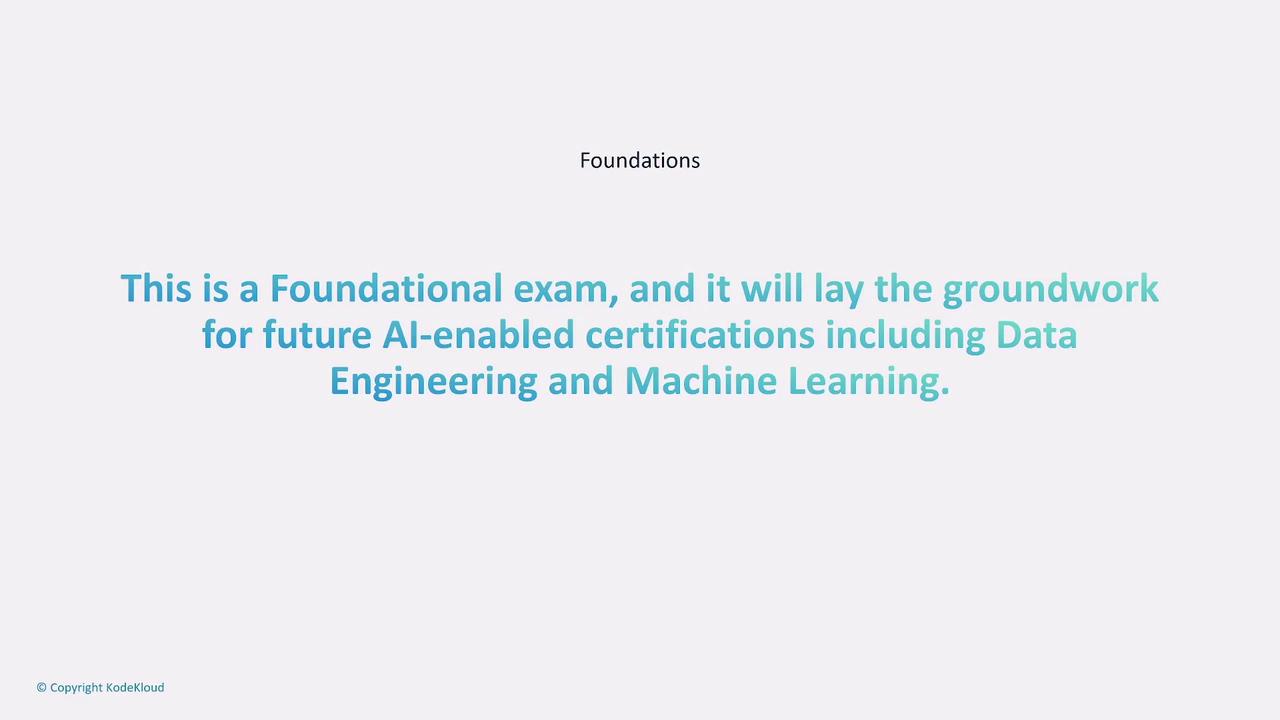 The image contains text about a foundational exam that serves as groundwork for future AI-enabled certifications in Data Engineering and Machine Learning. It is copyrighted by KodeKloud.