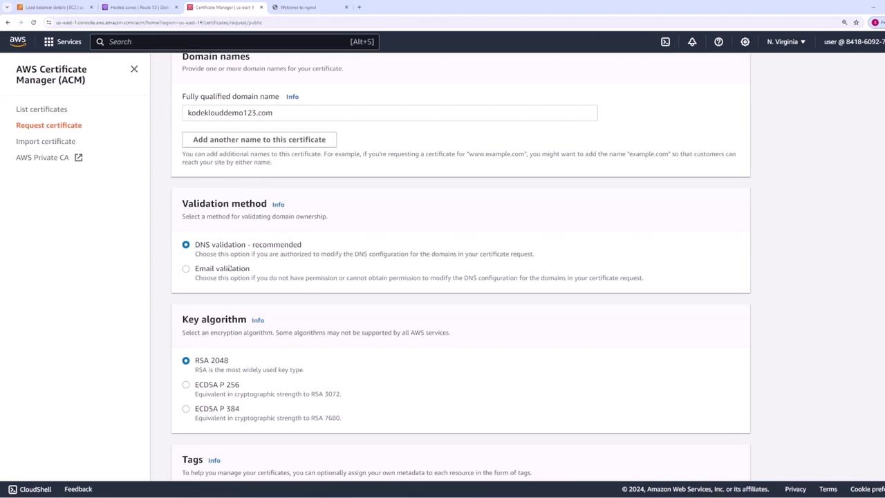 The image shows the AWS Certificate Manager (ACM) interface for requesting a certificate, with options to enter domain names, select a validation method, and choose a key algorithm.