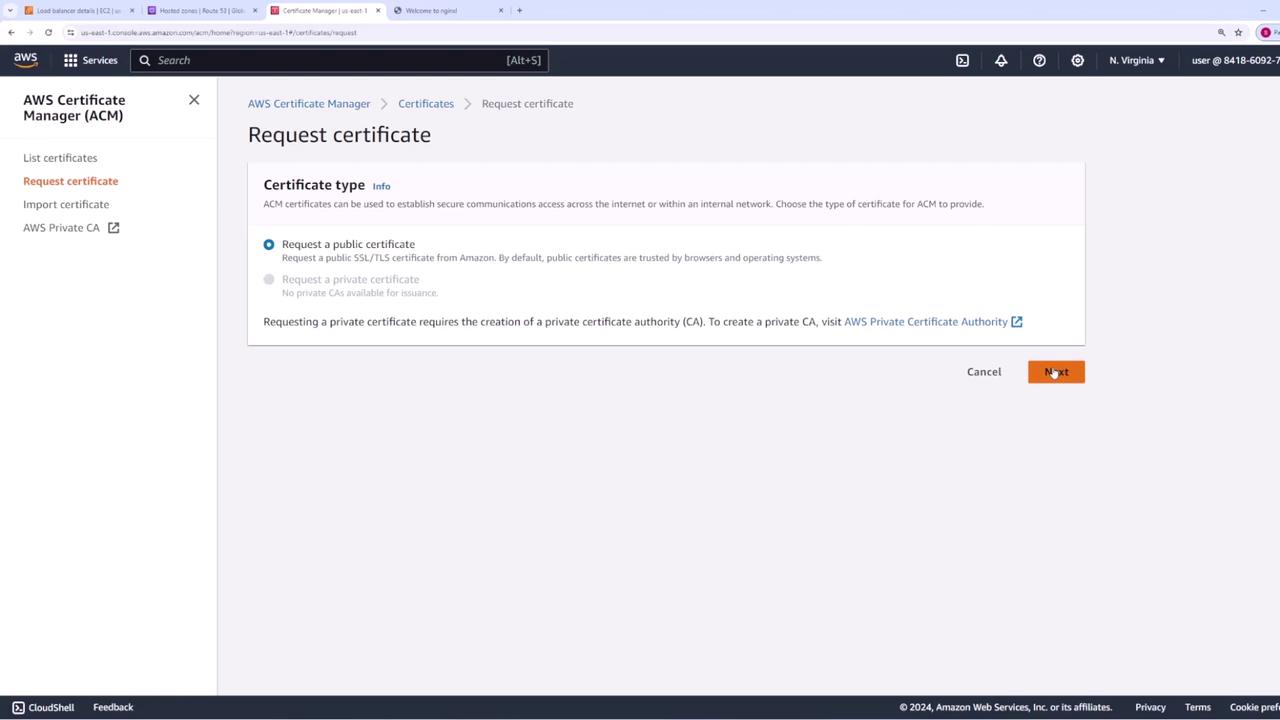 The image shows the AWS Certificate Manager interface where a user is selecting the option to request a public certificate.
