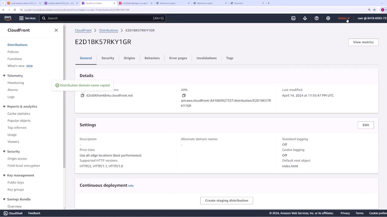 The image shows an AWS CloudFront distribution details page, displaying information such as the distribution domain name, ARN, and settings like logging and HTTP versions.